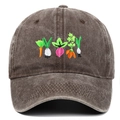 Detailed view of colorful vegetable embroidery on washed cotton vintage baseball cap - Coffee