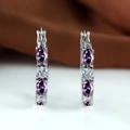Silver hoop earrings with alternating purple and clear oval-cut zircon stones - Purple
