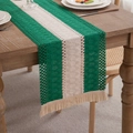 Woven cotton linen table runner with green and beige stripes and elegant tassels - 30x120cm / Cotton Center Green Borders