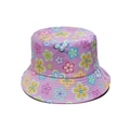 Detail view of purple floral bucket hat with vibrant colorful flower print patterns - Purple Five-Petal Flowers (A)
