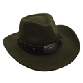 Detail of western wool felt hat with leather band and vintage bull head buckle - One Size / Army Green