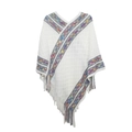 Detailed knit texture of white poncho with rainbow geometric embroidery and fringe - White