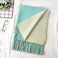 Teal and beige double-sided cashmere-like scarf with fringe tassels on white linen - 10# Pale Green