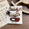 Cute embroidered bunny hair clip and red heart hair tie set for little girls - Floral Print Rabbit Set