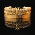 Three-piece gold plated bracelet set featuring crown bead, woven chain and Roman numeral cuff - Gold Crown White Zircon + 6mm Zircon Ball