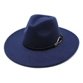 Detail of wide brim wool fedora hat with black leather band and gold metal buckle - M (56-58cm) / Navy Blue