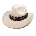 Detail of beige felt cowboy hat featuring leather band and silver bull head metal ornament - M (56-58cm) / Beige