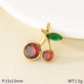 Golden stainless steel cherry pendant with red crystal and green leaf 15x13mm size - Red Gemstone Cherry (KLJ10236-ZGC)