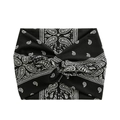 Detail of wide black yoga headband with white paisley print and center twist knot detail - Black Paisley