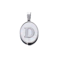 Detail of oval stainless steel pendant with white mother of pearl inlay and letter D - Steel Letter D
