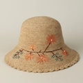 Handwoven raffia sun hat for women featuring orange floral embroidery and pearl accents - M (56-58cm) / Natural Raffia Color