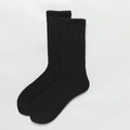 Classic black mid-calf cotton socks with vertical ribbed texture and wavy cuff detail - Black