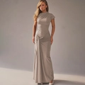 Detail of the waist ruched knot and draped fabric on a slim fit grey maxi dress - Nude