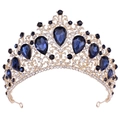 Ornate gold bridal crown featuring deep blue teardrop crystals and clear rhinestones - KC Gold White & Ink Blue Rhinestone