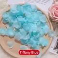 Loose artificial Tiffany Blue rose petals for wedding decor arranged in a wooden tray - Teal Blue