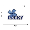 Dettaglio della toppa ricamata Lucky con quadrifoglio, dimensioni 6,4 x 4,3 cm e peso - Quadrifoglio LUCKY