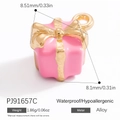 Pink enamel gift box charm in gold alloy with 8.5mm dimensions and weight specs - Pink Gift Box Style (PJ91657C)