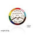 Rainbow pronouns enamel pin with He/Him/His text in 5cm diameter gold finish - Pronouns Badge (X00430)
