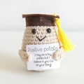 Handmade crochet beige potato doll with brown graduation cap and positive message card - Doctor Potato