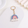 Handmade knitted rainbow keychain in blue and pink with golden metal ring accessory - Grey Blue