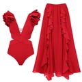 Set costume da bagno rosso due pezzi con scollo a V profondo e gonna lunga a balze - S / Set Rosso