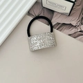 Black elastic hair tie with rectangular silver hammered metal plate in minimalist design - Style L Silver