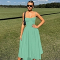 Elegant mint green summer slip dress with corset bodice and flowing midi length skirt - Green