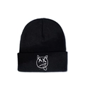 Close-up of black ribbed knit beanie featuring a white cartoon cat embroidery with X eyes - M (56-58cm) / Black