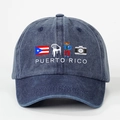 Detailed embroidery of Puerto Rico frog design on washed blue denim baseball cap - Navy Blue