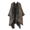 Retro knit shawl cape with brown and dark green geometric patterns on white background - Khaki
