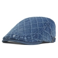 Donkerblauwe denim platte pet met gewatteerd ruitpatroon en verstelbare metalen gesp - Donkerblauw