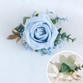 Light blue faux rose boutonniere with green leaves and gold accents for wedding groom - Corsage / Blue
