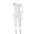 Detail of white two-piece set featuring a one-shoulder tie-up top and fitted capri pants - White