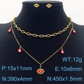 Gold evil eye jewelry set with layered necklace and studs featuring red and black enamel - Red Enamel Evil Eye Style (KS203539-MW)