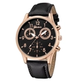 Geneva men's quartz watch with black leather strap and rose gold case on white background - Rose Gold Case Rose Gold Hands Black Dial Black Strap