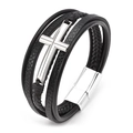 Men's multilayer braided black leather bracelet with silver cross and magnetic clasp - Black Leather Steel Buckle