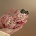 Macro shot of pink gradient tulle flower earrings featuring delicate pearl stamen details - Light Pink Gradient Satin Flower Set (41# Silver Needle)