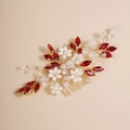 Detail of golden hair comb with red leaf crystals and white pearl flowers for brides - Red/Gold
