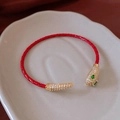 Red braided leather serpent open bracelet with gold plated snake head and green eyes - Red Braided Cord Gold Snake Head Buckle Style (46#)
