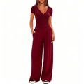Detailed view of women's burgundy V-neck pleated top and wide-leg trousers set - XS / T-Shirts / Burgundy
