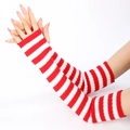 Long knitted fingerless gloves with classic red and white horizontal stripes for women - One Size / Red + White