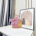 Handwoven basket bag in pink and yellow weave pattern with large satin bow - Small (With Pink Bow) / Yellow-Pink