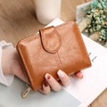 Brown vintage wax leather short wallet with snap closure and metal zipper detail - Brown