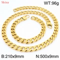 Set collana e bracciale a catena cubana in acciaio inossidabile dorato lucido da 9 mm - Collana 50cm + Bracciale 21cm (KS220796-Z) / Oro