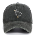 Detail view of cartoon silly goose embroidery on a washed dark gray cotton baseball cap - Army Green
