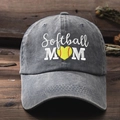 Faded grey washed cotton baseball cap with Softball MOM embroidery on wood surface - One Size / Gray