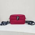Quilted red nylon crossbody bag with gold hex logo and branded wide shoulder strap - Red