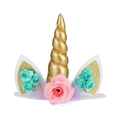 Eenhoorn taarttopper met gouden hoorn en stoffen bloemen voor verjaardagsfeest decoratie - Goud