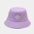 Detail view of a shell embroidered patch on a purple cotton bucket hat with stitching - M (56-58cm) / Light Purple