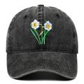 Ricamo dettagliato di un fiore di narciso su un berretto da baseball in denim grigio - Nero